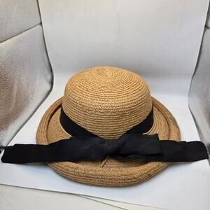 Callanan Straw Boater Hat Black Ribbon Bow Flat Crown Summer Skimmer OS
